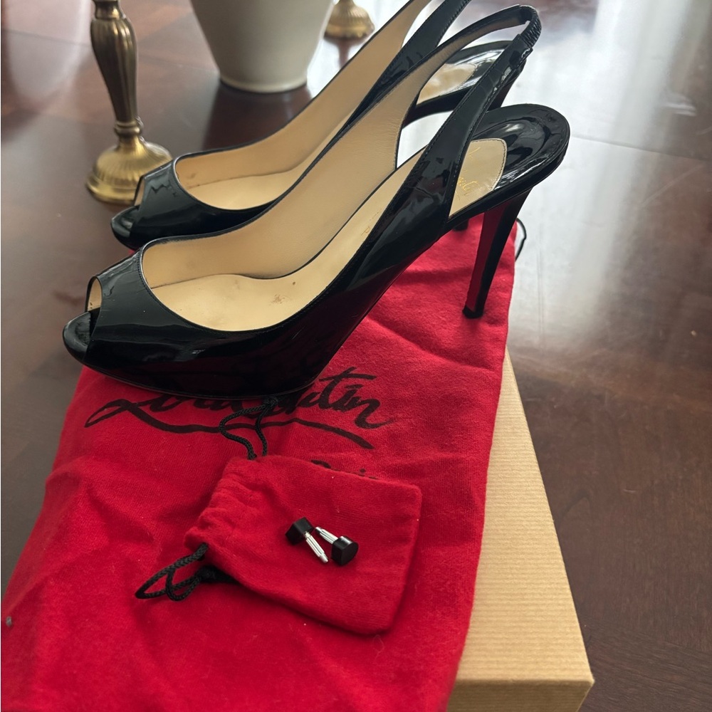 Christian Louboutin Black Patent Leather Slingback Peep-Toe Heels